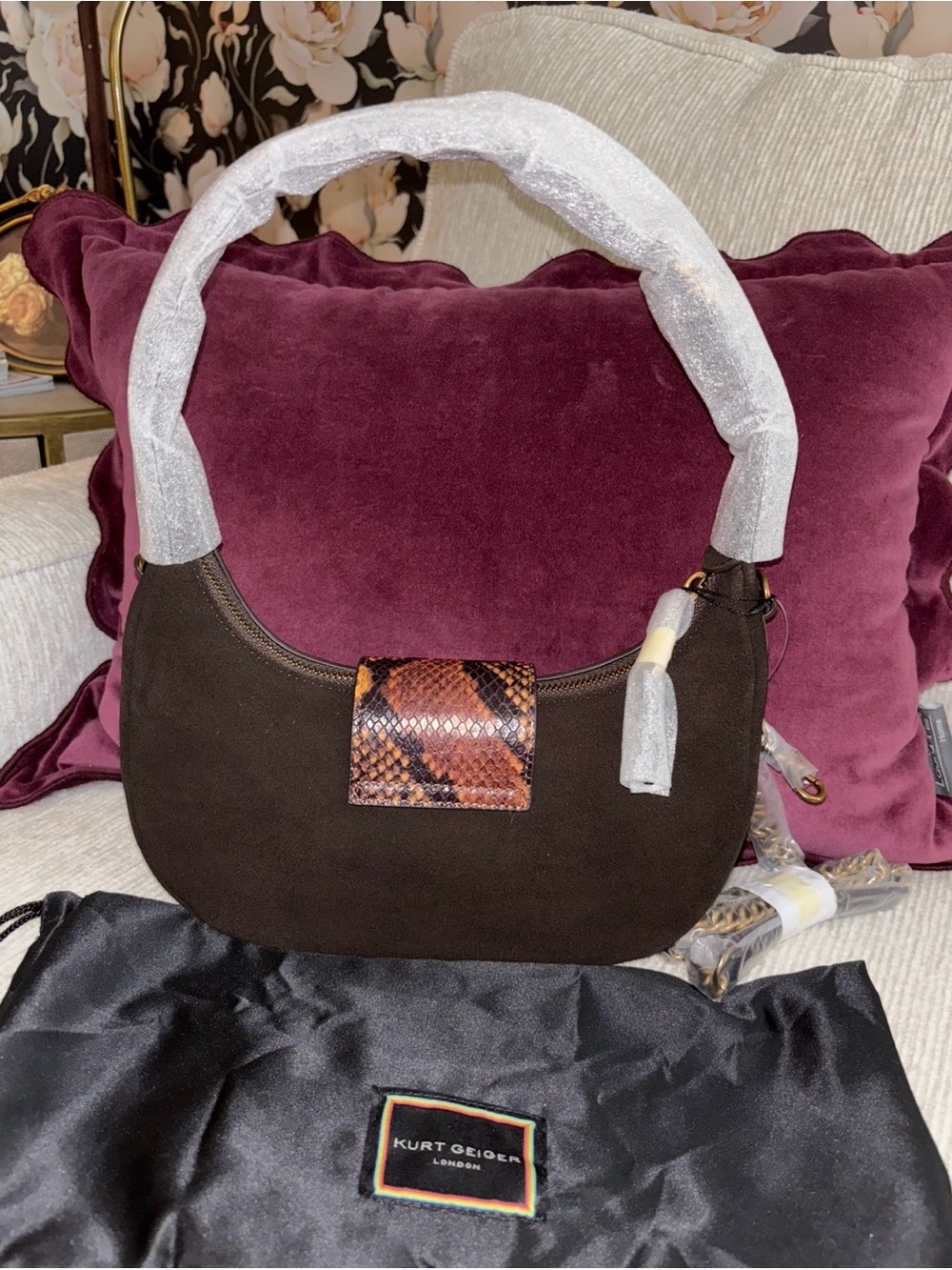 NWT Kurt Geiger London Chelsea Small Hobo Brown Suede Snake Print - Picture 3 of 7
